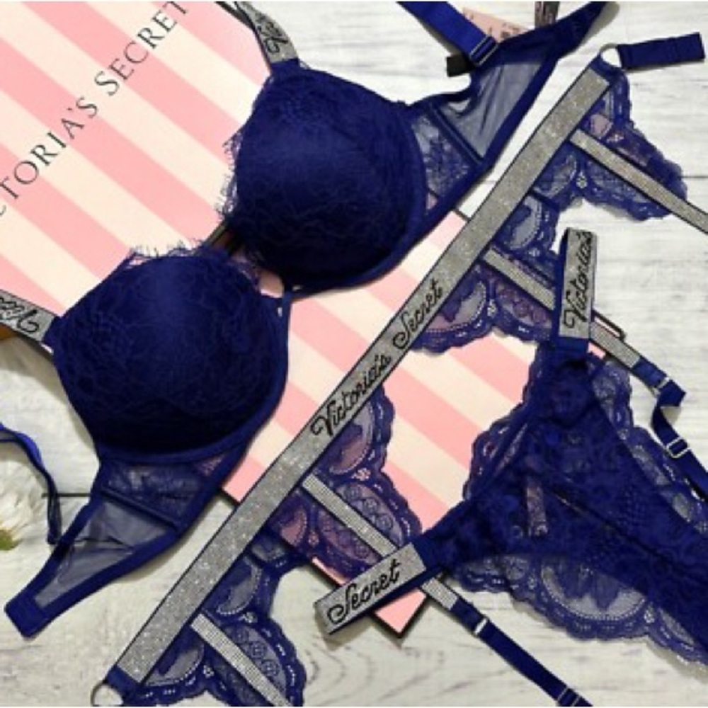 Victoria's Secret Deep Blue Lace Push-Up Bra and Matching Lace  Panty Set